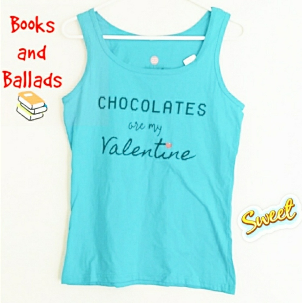 Books & Ballads Valentine's Day Chocolate Humorous Blue Tank Top size small